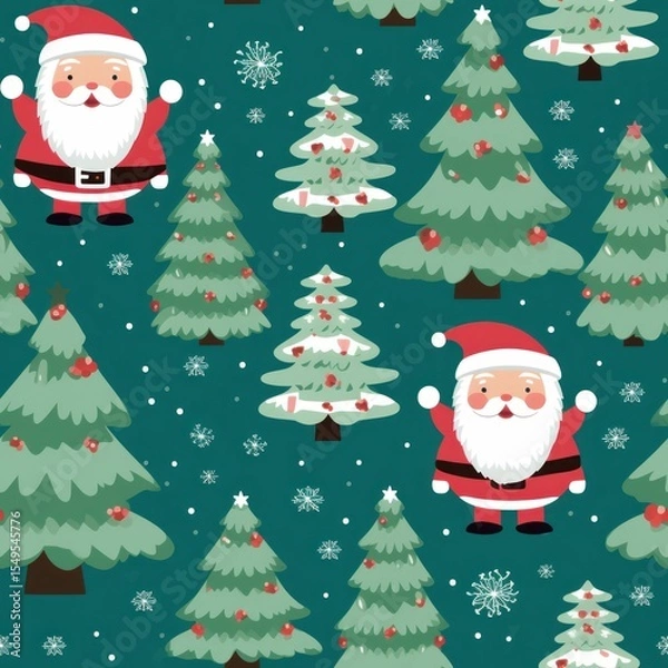 Fototapeta Cute Christmas Santa and Tree Pattern Featuring Festive Elements for Digital Backgrounds and Holiday Designs