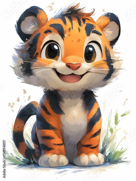 Fototapeta A cute and happy cartoon tiger cub with a big smile and friendly expression.