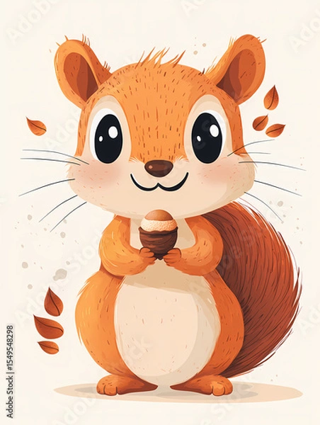 Fototapeta A charming cartoon squirrel joyfully holding an acorn in its paws