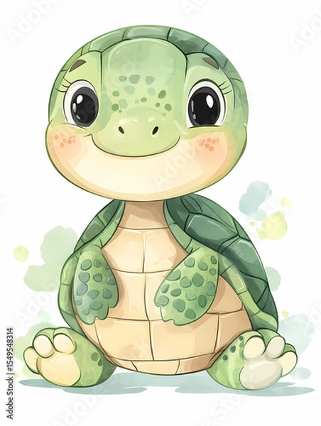 Fototapeta This delightful watercolor illustration features a cute and smiling baby turtle.
