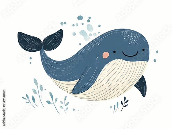 Fototapeta This delightful illustration features a cute, smiling blue whale in the ocean with bubbles.