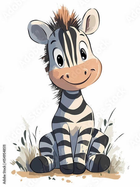 Fototapeta A cute, cartoon zebra smiles with a happy expression, perfect for children's illustrations and educational materials.