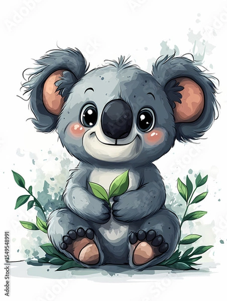 Fototapeta This adorable koala cartoon holds leaves, offering a cheerful and cute design perfect for various projects.