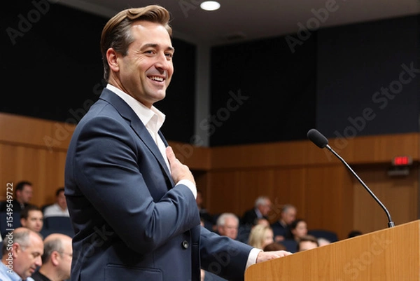 Fototapeta grateful and happy businessman in a suit smiles with his hand on his heart while standing at a podium, thanking the audience after a successful speech or receiving an award
