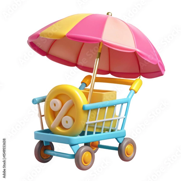 Fototapeta 3D summer sale shopping cart with umbrella isolated on transparent background