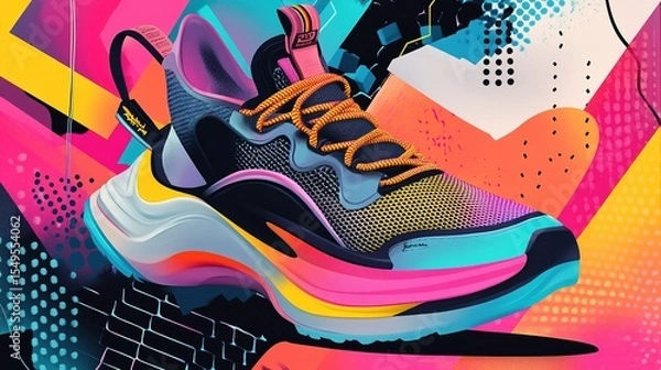 Fototapeta A neon-colored sneaker with exaggerated laces, with a patterned background and bold lines.