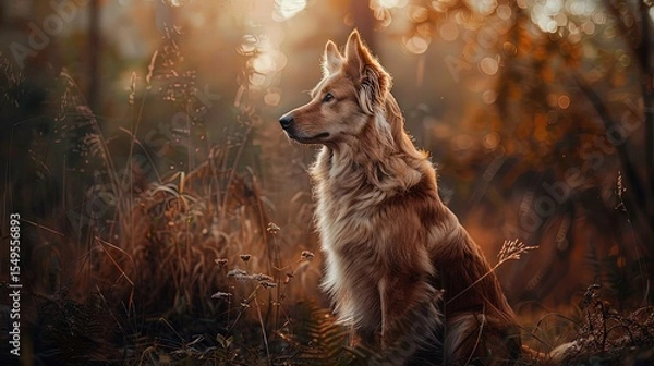 Fototapeta close up of a dog in the forest, dog in nature
