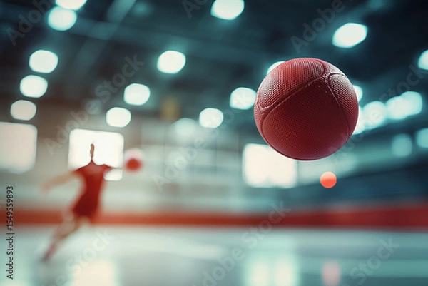 Fototapeta Red dodgeball flying through gym during game with blurred athlete in background, ideal for sports action, youth recreation, team activities, and motion-focused athletic concept