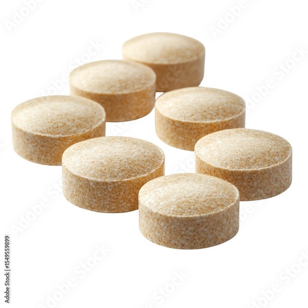 Fototapeta Brown dietary supplement tablets arranged in a group with textured surface on transparent background, cutout PNG