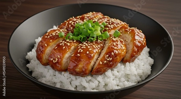 Fototapeta This image features sliced teriyaki chicken served over white rice, garnished with sesame seeds and chopped green onions in a black bowl.
