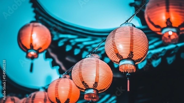 Fototapeta Moody composition of shadowy roof edges above softly lit rows of paper lanterns in the night