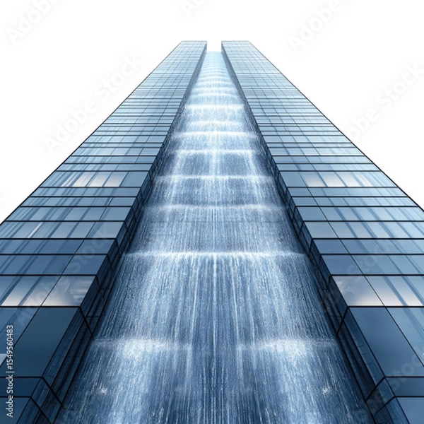 Fototapeta Tall modern building with cascading waterfall flowing down its glass facade, transparent background, cutout PNG