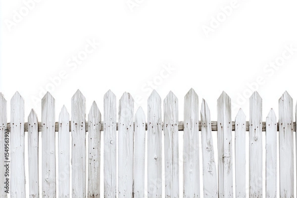 Obraz Rustic white picket fence with wooden panels isolated against bright background