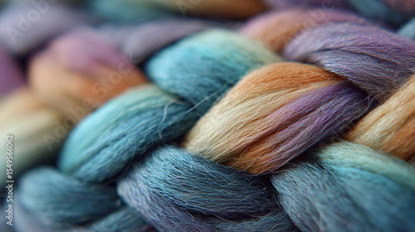 Fototapeta Colorful ombrÃ© hair woven into a mermaid braid pattern, close-up on strand details