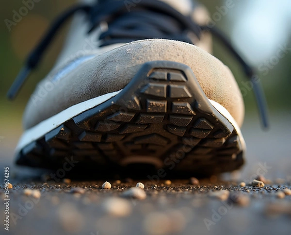 Fototapeta Close-up of a worn sports shoe tread with dirt packed into pavement lines. AI-generated