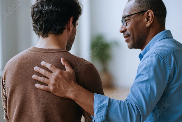 Fototapeta Man offers emotional support with intelligence and care by placing his hand on another shoulder in comforting gesture