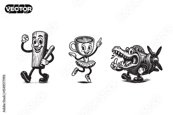 Fototapeta Collection of retro cartoon anomaly characters, vector illustration. tung tung tung sahoor, ballerina cappucina, bombardiro crocodilo