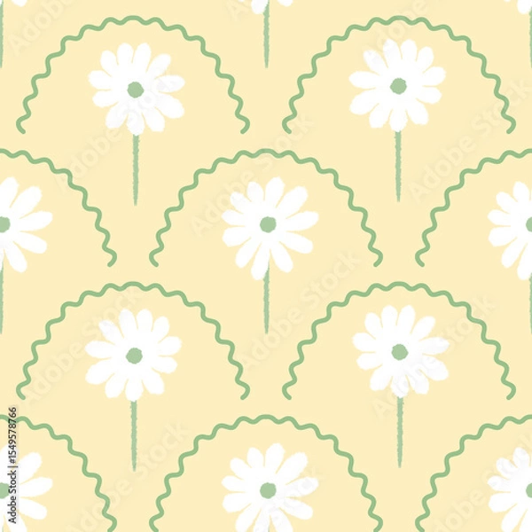 Fototapeta Floral arch seamless pattern. Scallop half circle geometrical botanical ornament. Art nouveau stylized hand drawn small white flowers and leaves on butter yellow background. Repeat allover backdrop
