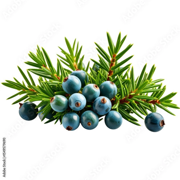 Obraz A cluster of dark blue juniper berries attached to green needle-like leaves, showcasing their natural texture and vibrant colors.