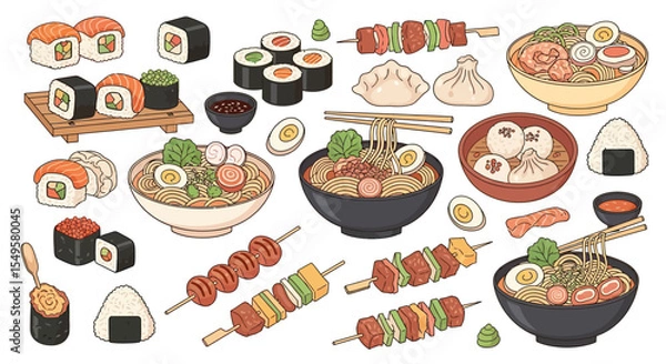 Fototapeta Assorted Colorful Japanese Sushi Ramen and Skewers Illustration on White Background
