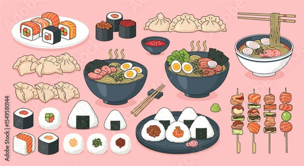 Fototapeta Assorted Colorful Japanese Sushi Ramen Dumplings and Skewers on Pink Background
