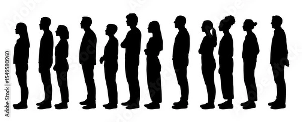 Obraz Man and woman standing in line, line up, Diverse people waiting patiently in line