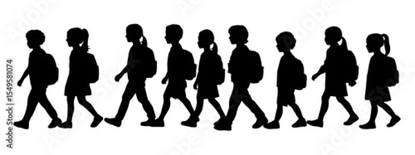 Obraz Kid student silhouette, boy and girl with school backpack, kid holding notebook and books for study 