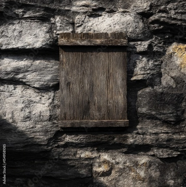Fototapeta Weathered Board on Stone Wall: A close-up of a textured stone wall is punctuated by a rustic wooden board, telling the tale of time and nature's influence.