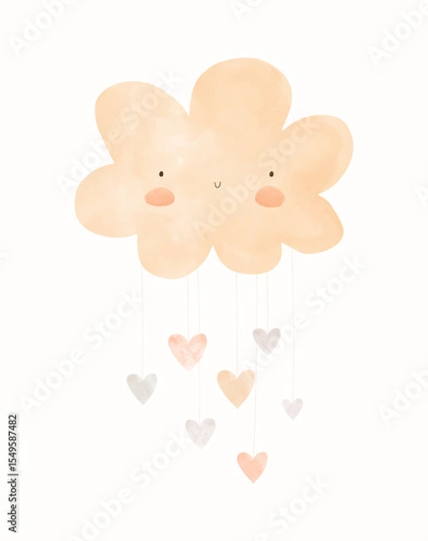 Obraz Fluffy Smiling Cloud And Rain Of Hearts on a White Background. Simple Nursery Art In Gender Neutral Colors. Cute Simple Baby Shower Vector Card For Baby Girl And Baby Boy.