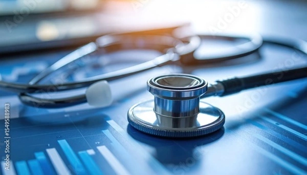 Obraz Stethoscope resting on financial data chart, medical insights analysis