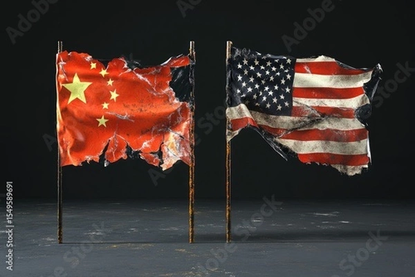 Obraz Ripped flags of China and USA