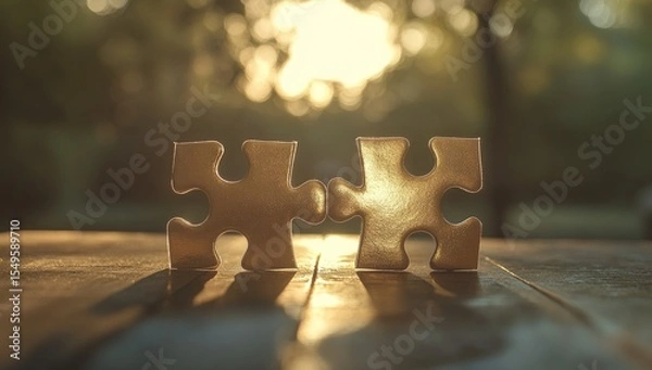 Obraz Two puzzle pieces, sunlit, on a wooden table, out-of-focus forest background
