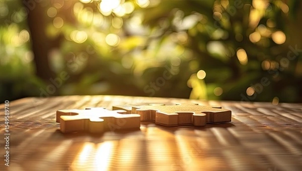Obraz Two puzzle pieces on a wooden table, bathed in warm sunlight, with a blurred background of greenery