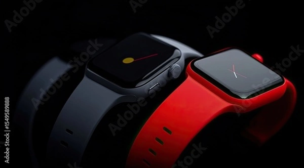 Obraz Two smartwatches, one gray, one red, in close proximity, presented against a dark background