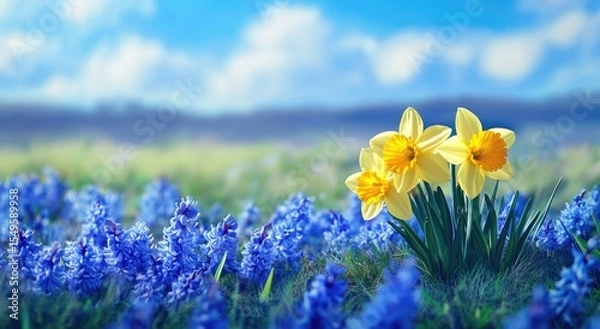 Obraz Spring meadow bursting with yellow daffodils and vibrant blue flowers