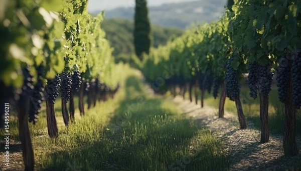 Obraz Sun-drenched vineyard rows stretch into the distance, laden with dark grapes