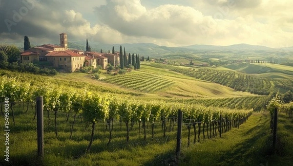 Obraz Tuscan vineyard landscape at golden hour