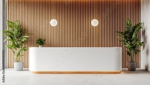 Obraz Modern reception desk in a light-filled, minimalist lobby with wood paneling
