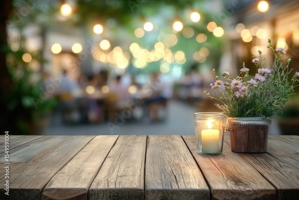 Obraz Wooden table with candle and flowers, out-of-focus cafe setting