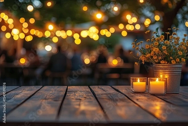 Obraz Rustic wooden table outdoors at night, with blurred background of people dining.  Soft lighting from string lights