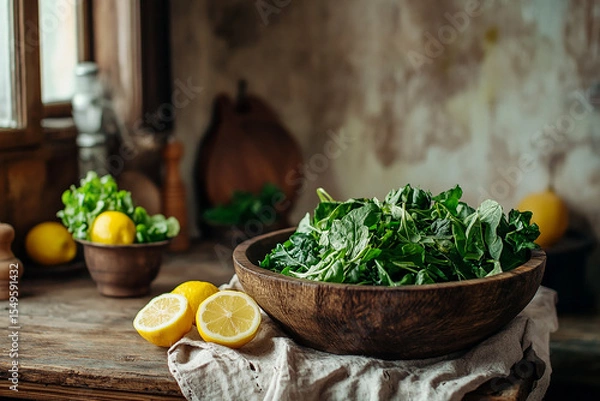 Obraz rustic kitchen scene featuring a wooden bowl filled with fresh leafy greens, surrounded by lemons and herbs on a weathered wooden table