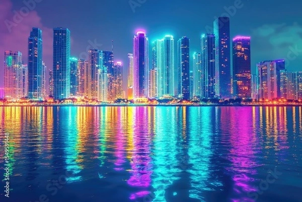 Obraz Vibrant cityscape at twilight, reflected in the water.  Colorful lights illuminate the modern skyscrapers, creating a captivating urban scene