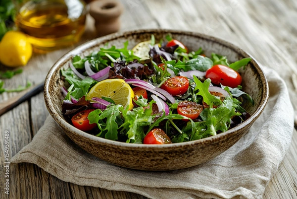Obraz rustic bowl of mixed greens salad featuring fresh arugula, cherry tomatoes, red onion slices, and lemon wedges, served on a neutral linen cloth atop a wooden table