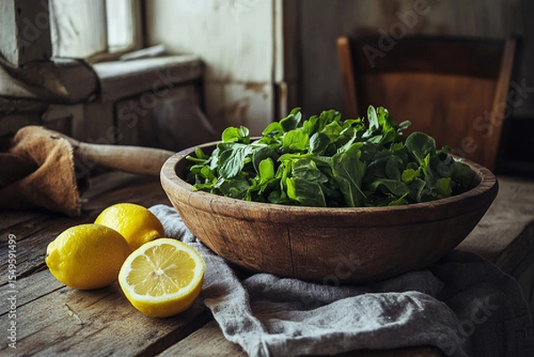 Obraz cozy, rustic kitchen setup featuring a wooden bowl filled with leafy greens, accompanied by fresh lemons on a weathered wooden surface, creating a warm, homestyle ambiance.