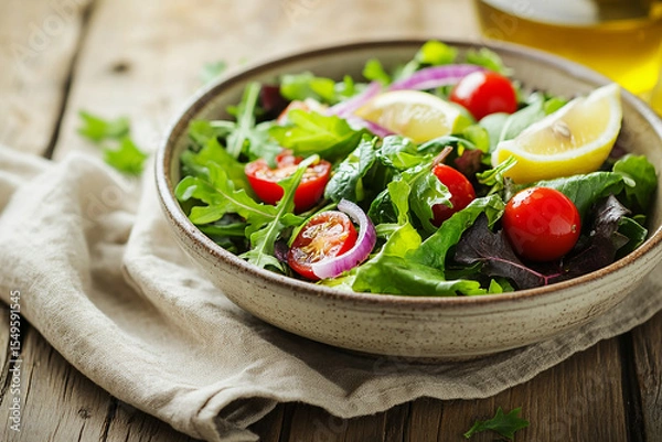 Obraz fresh and vibrant mixed greens salad featuring cherry tomatoes, red onion slices, and lemon wedges, served in a rustic ceramic bowl on a wooden table