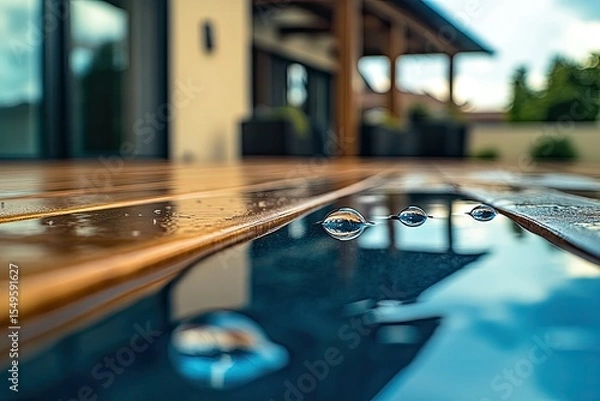 Obraz Water droplets reflecting on a wooden deck