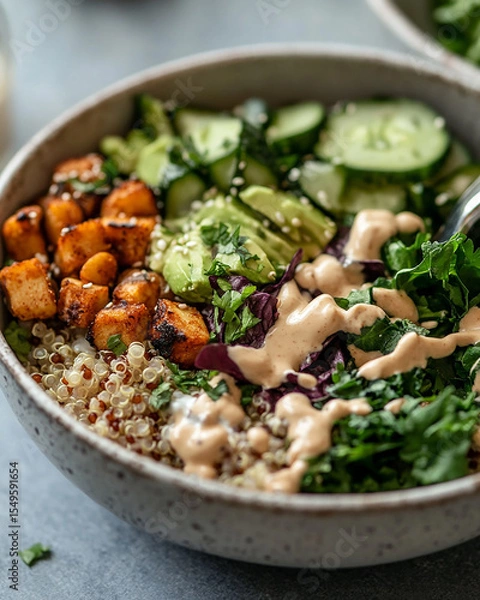 Obraz colorful vegetarian grain bowl filled with fluffy quinoa, roasted chickpeas, fresh cucumber slices, avocado, and a mix of leafy greens.