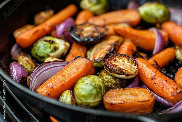 Obraz close-up image of perfectly roasted vegetables, including carrots, Brussels sprouts, and red onions