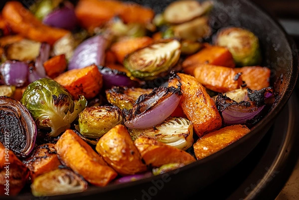 Obraz Close-up of roasted carrots, Brussels sprouts, and red onions in a skillet, charred and caramelized to perfection.