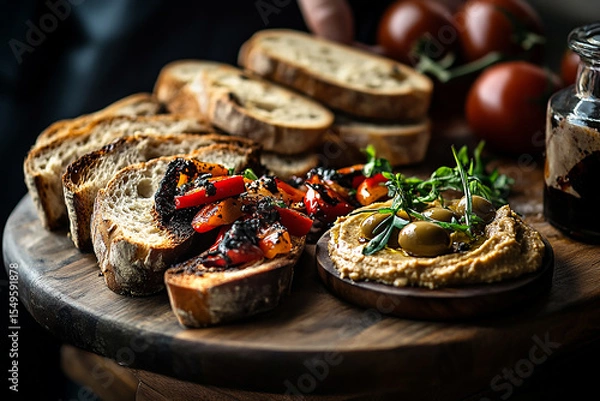 Obraz Rustic artisan bread served with roasted red pepper bruschetta and creamy hummus topped with olives and greens on a wooden board.